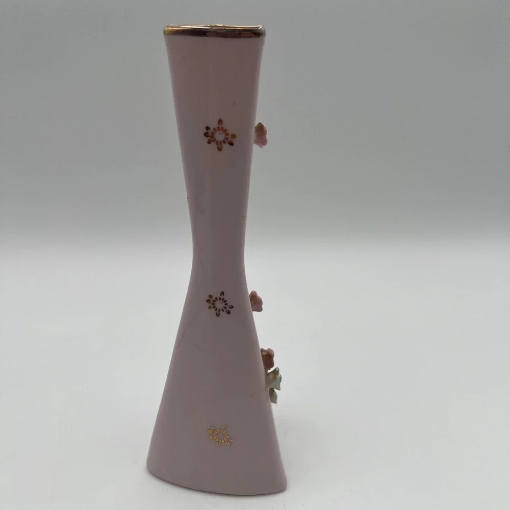 Vintage pink Bud Vase 3D Applied Flowers Gold Trim Triangular Base